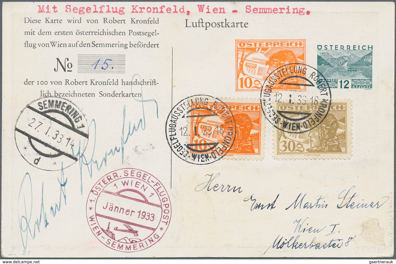 Österreich - Privatganzsachen: 1933 (12.1.), Kronfeld Luftpostkarte (No. 15) Mit Zwei Wertstempeln 1 - Sonstige & Ohne Zuordnung