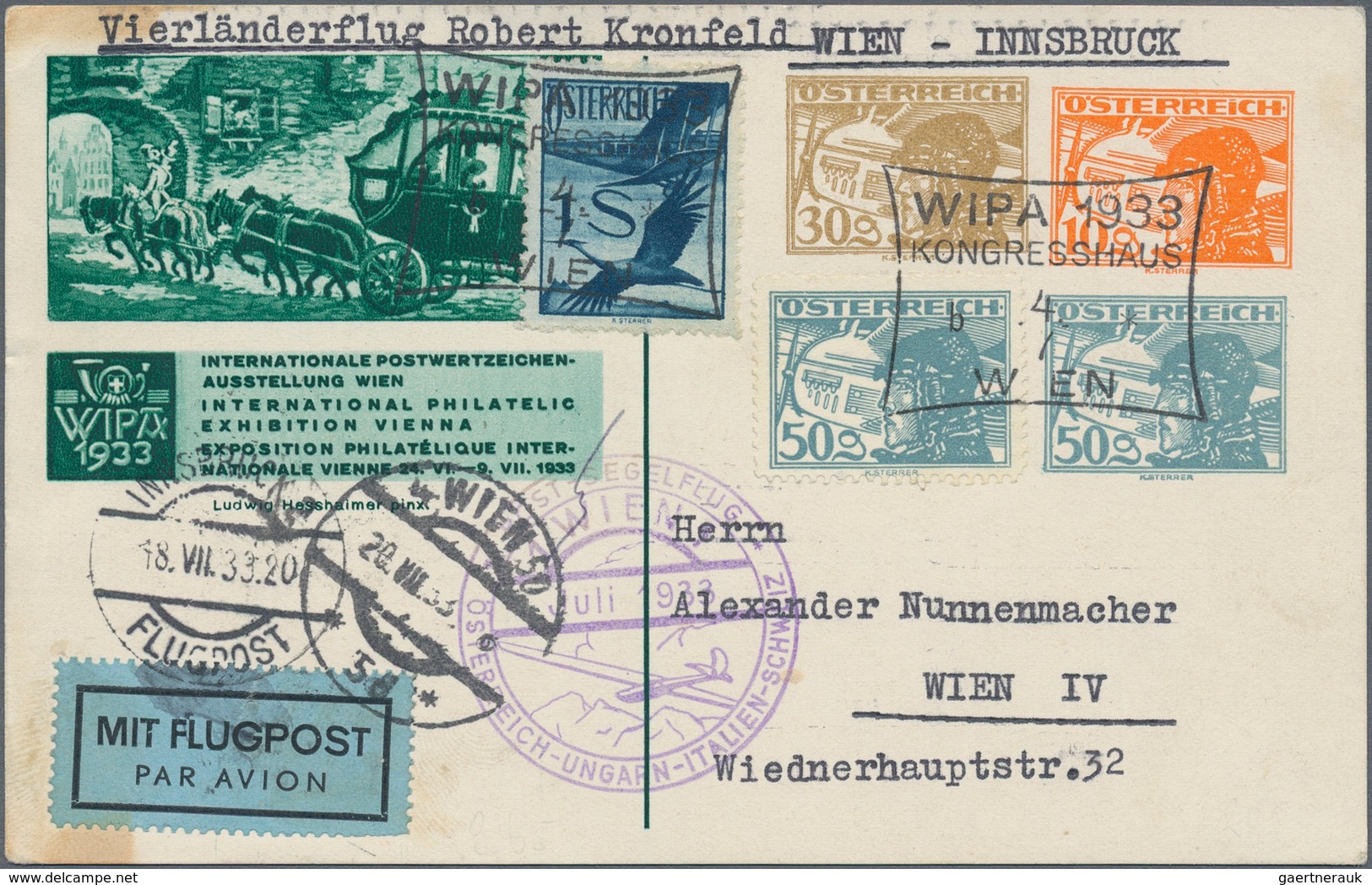 Österreich - Privatganzsachen: 1933 (4.7.), WIPA-Karte Mit Drei Wertstempeln Pilotenkopf 50 Gr., 30 - Autres & Non Classés