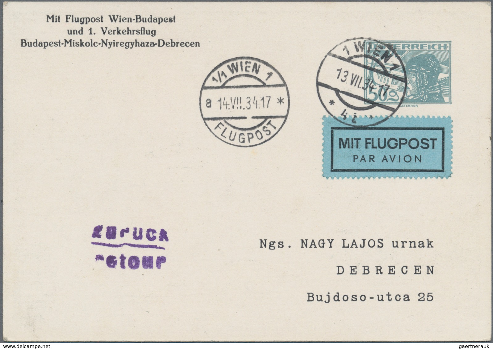 Österreich - Privatganzsachen: 1934 (13.7.), Flugpostkarte Mit Wertstempel 50 Gr. Pilotenkopf Für 'F - Sonstige & Ohne Zuordnung