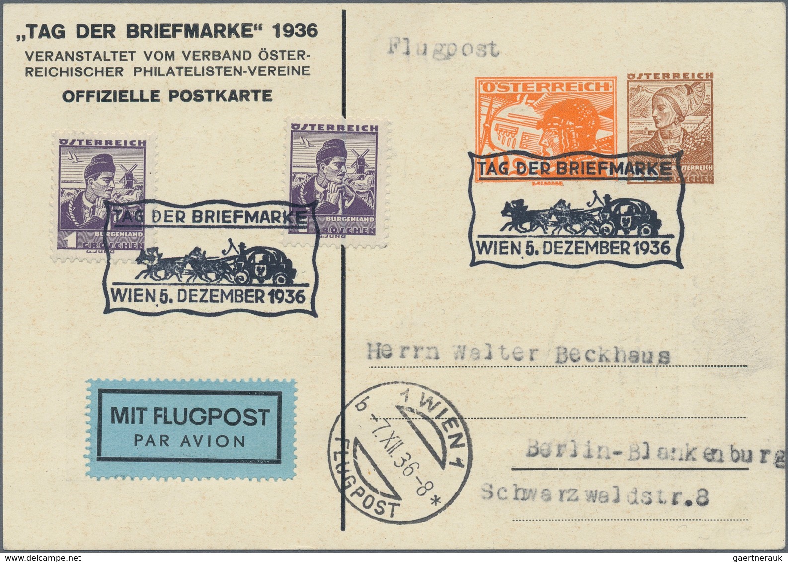 Österreich - Privatganzsachen: 1936 (5.12.), Sonderkarte Mit Zwei Wertstempeln 10 Gr. Pilotenkopf + - Sonstige & Ohne Zuordnung