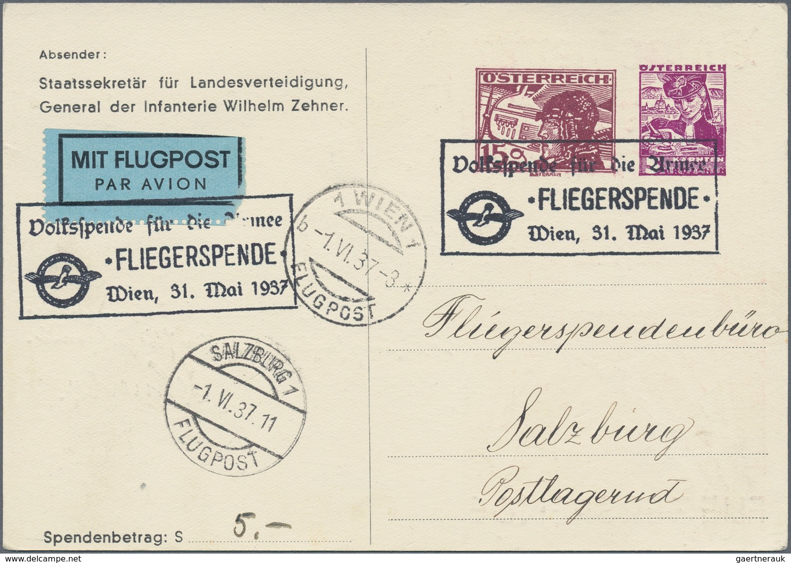 Österreich - Privatganzsachen: 1937 (31.5.), Fliegerspendenkarte Mit Zwei Wertstempeln 15 Gr. Pilote - Sonstige & Ohne Zuordnung