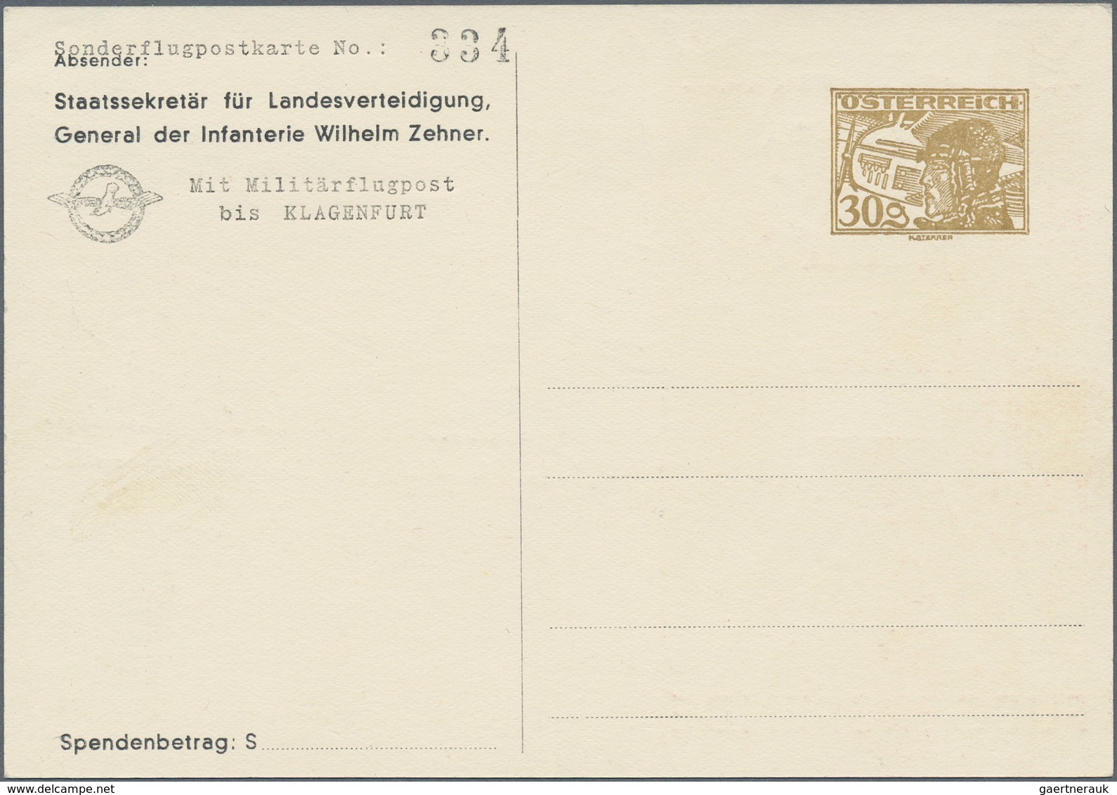 Österreich - Privatganzsachen: 1937, Fliegerspendenkarte Mit Wertstempel 30 Gr. Pilotenkopf Für 'Mil - Sonstige & Ohne Zuordnung