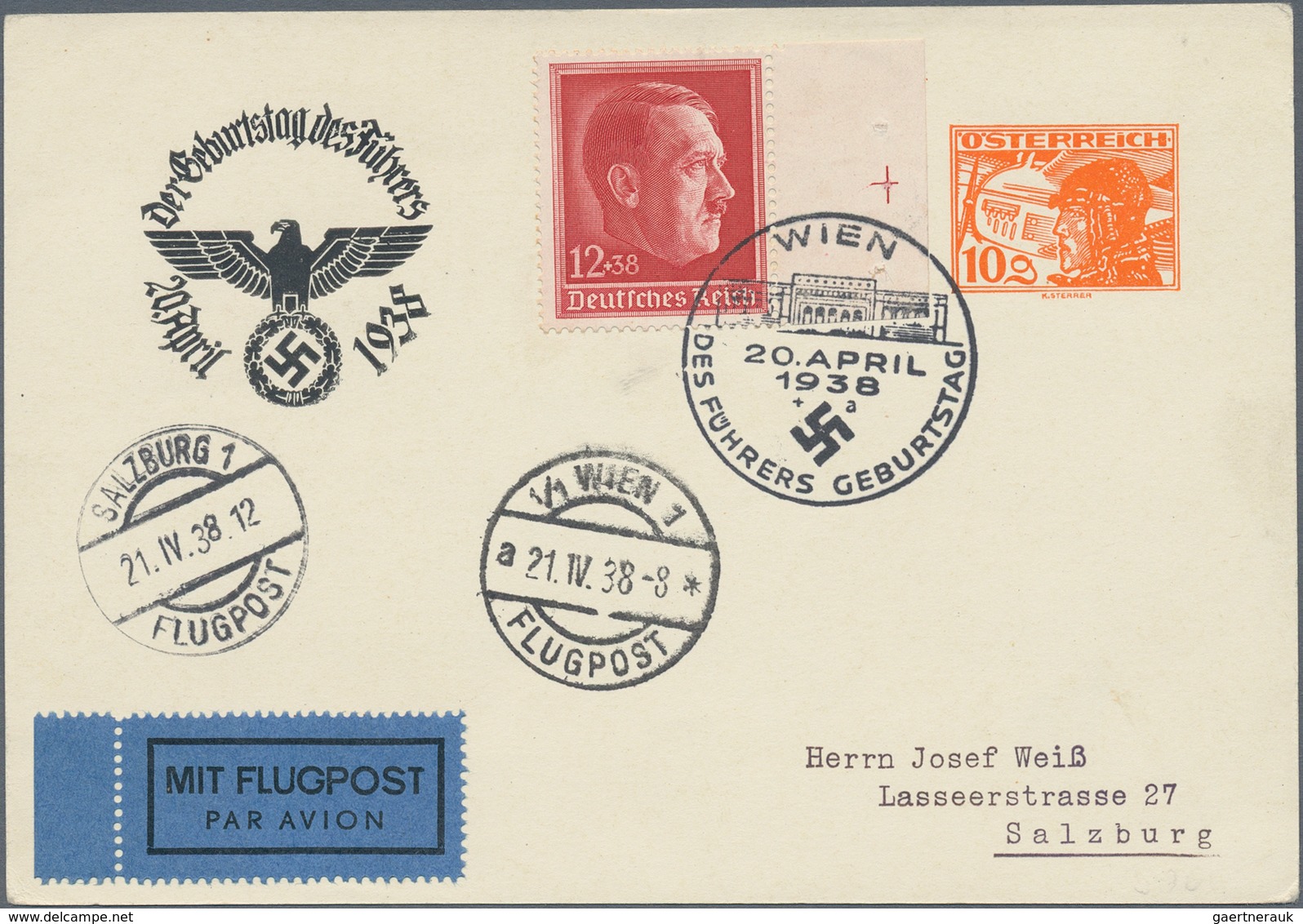 Österreich - Privatganzsachen: 1938 (20.4.), Geburtstagskarte Mit Wertstempel 10 Gr. Pilotenkopf Zuf - Sonstige & Ohne Zuordnung