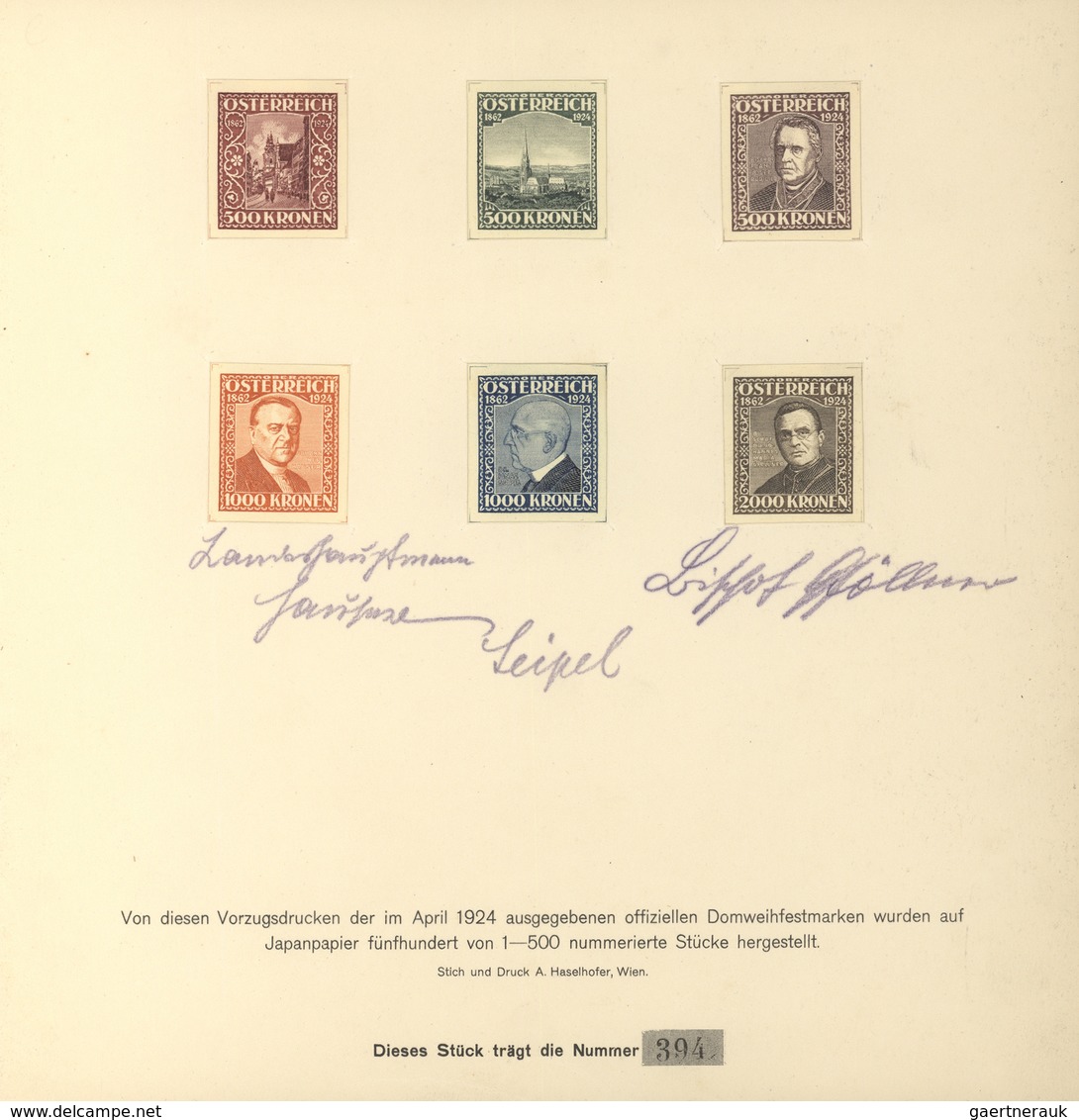 Österreich - Besonderheiten: 1924, Domweih-Festmarken, 500-2000 Kr., Vorzugsdrucke Auf Japanpapier E - Andere & Zonder Classificatie