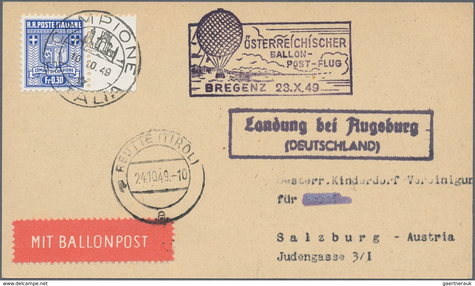 Österreich - Besonderheiten: 1949, BALLONPOST - Zuleitung CAMPIONE: Postkarte Als Zuleitung Von Camp - Sonstige & Ohne Zuordnung