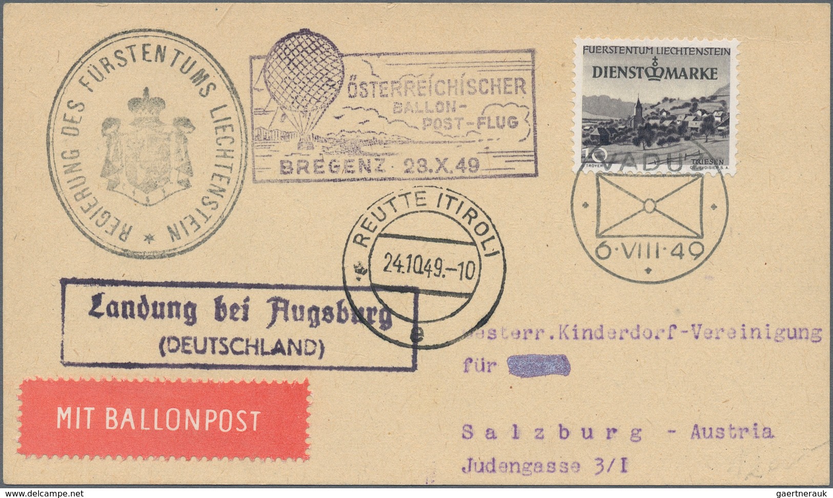 Österreich - Besonderheiten: 1949, BALLONPOST - Zuleitung LIECHTENSTEIN: Postkarte Als Zuleitung Von - Sonstige & Ohne Zuordnung