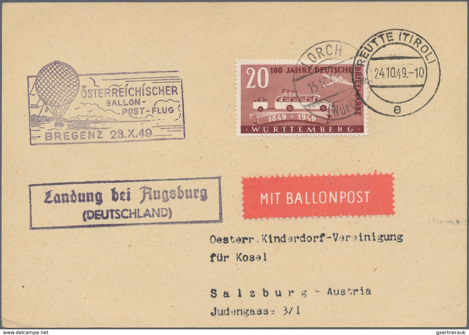 Österreich - Besonderheiten: 1949, BALLONPOST - Zuleitung WÜRTTEMBERG (Fr. Zone): Postkarte Als Zule - Sonstige & Ohne Zuordnung