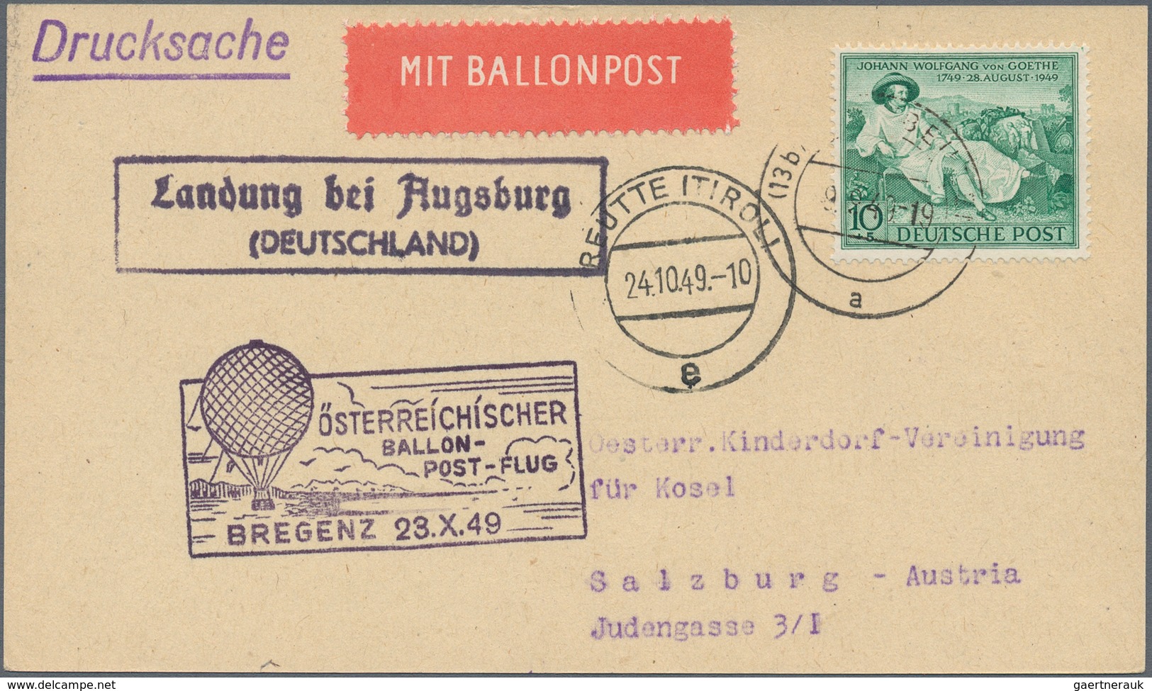 Österreich - Besonderheiten: 1949, BALLONPOST - Zuleitung DEUTSCHLAND (Bizone): Postkarte Als Zuleit - Altri & Non Classificati