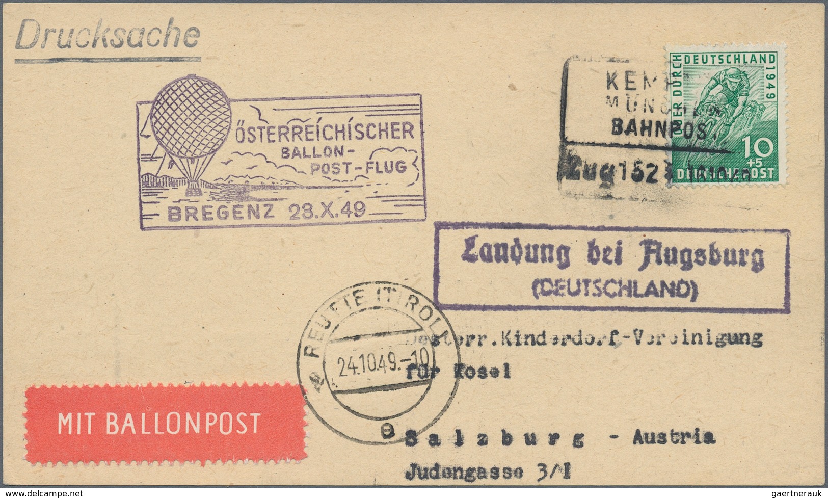 Österreich - Besonderheiten: 1949, BALLONPOST - Zuleitung DEUTSCHLAND (Bizone): Postkarte Als Zuleit - Other & Unclassified