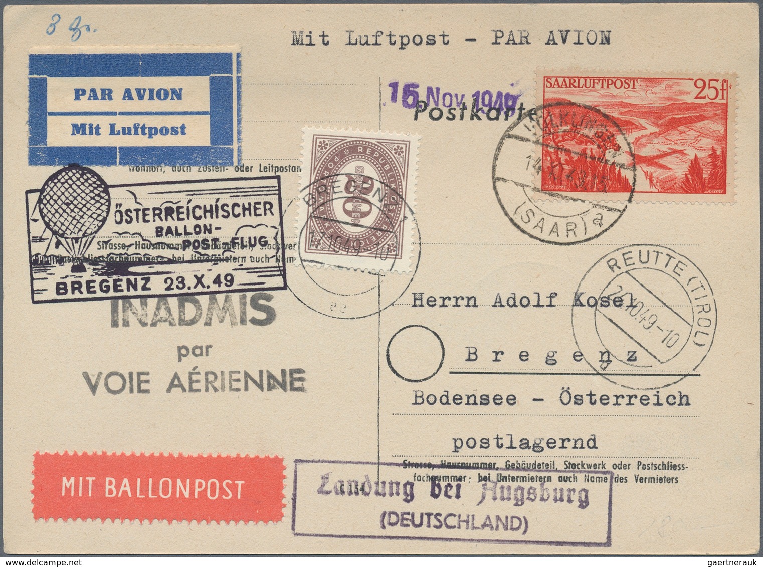 Österreich - Besonderheiten: 1949, BALLONPOST - Zuleitung SAARLAND: Postkarte Als Zuleitung Von Völk - Sonstige & Ohne Zuordnung