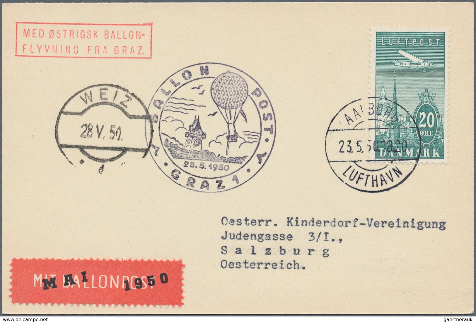 Österreich - Besonderheiten: 1950, BALLONPOST - Zuleitung DÄNEMARK: Postkarte Als Zuleitung Aus Aalb - Sonstige & Ohne Zuordnung