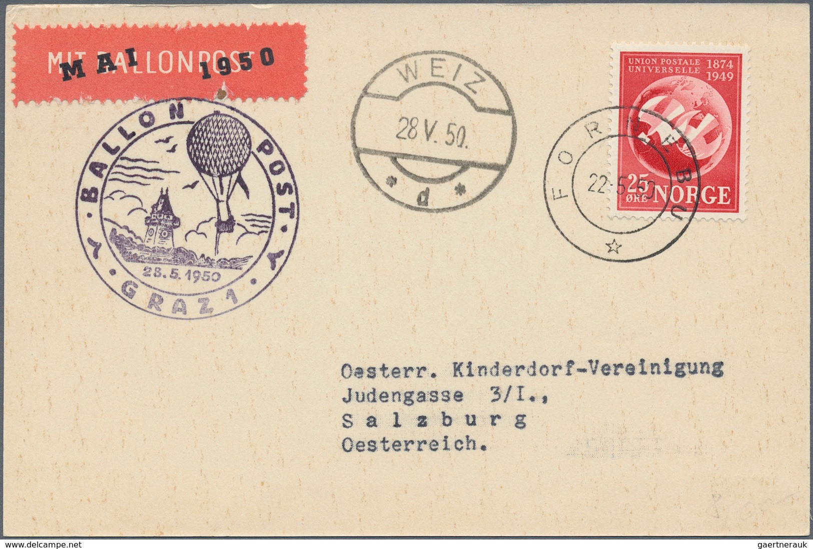 Österreich - Besonderheiten: 1950, BALLONPOST - Zuleitung NORWEGEN: Postkarte Als Zuleitung Aus Forn - Sonstige & Ohne Zuordnung