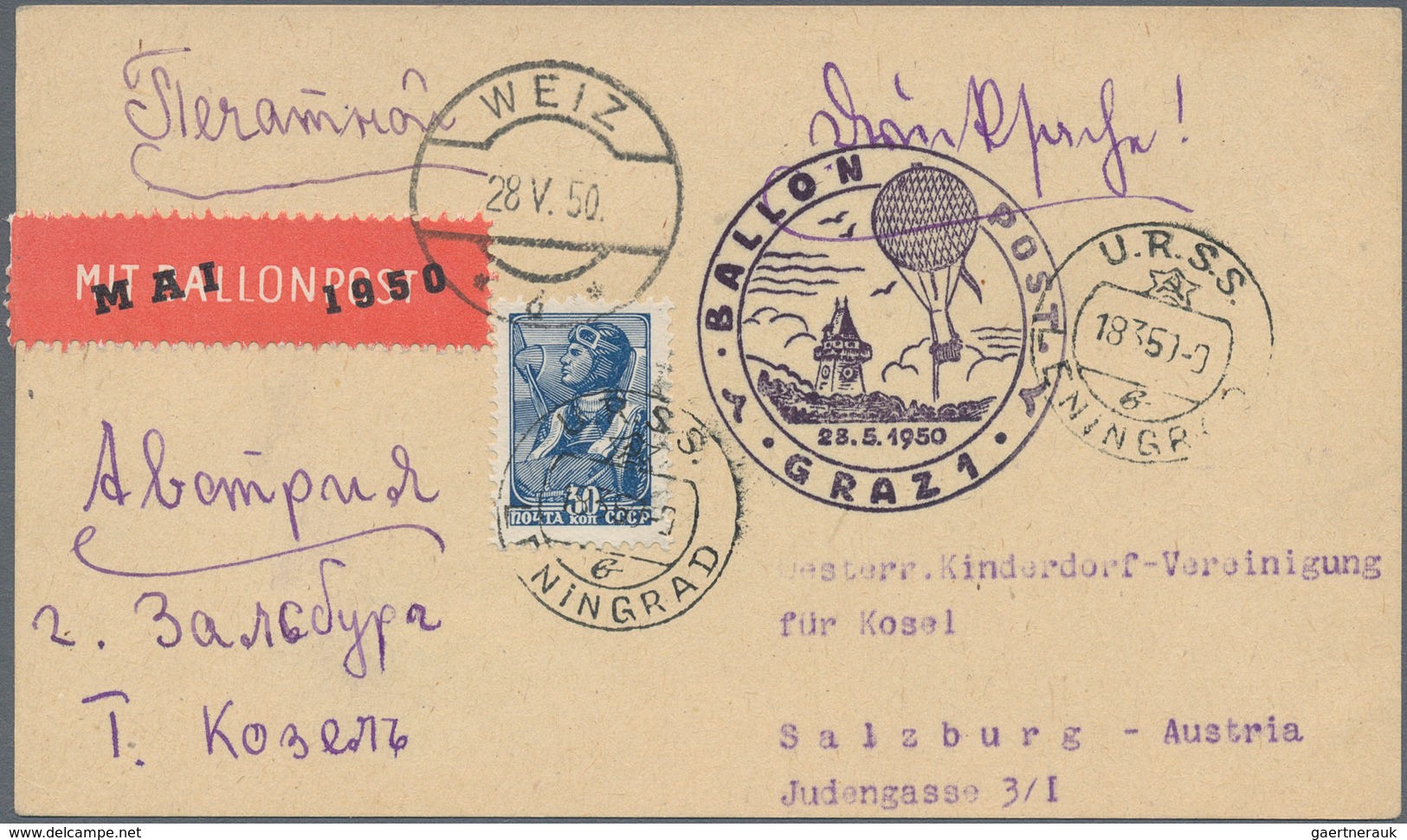 Österreich - Besonderheiten: 1950, BALLONPOST - Zuleitung SOWJET-UNION: Postkarte Als Zuleitung Aus - Sonstige & Ohne Zuordnung
