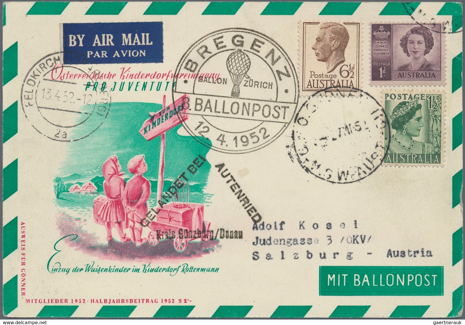 Österreich - Besonderheiten: 1952, BALLONPOST - Zuleitung AUSTRALIEN: Pro Juventute Postkarte Als Zu - Sonstige & Ohne Zuordnung