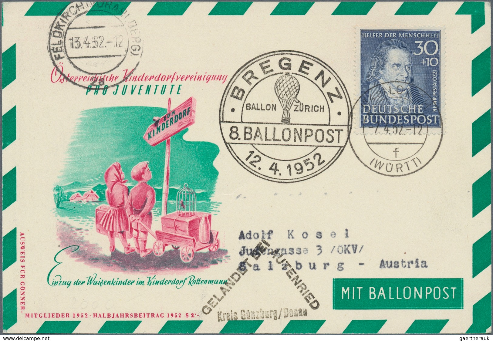 Österreich - Besonderheiten: 1952, BALLONPOST - Zuleitung DEUTSCHLAND (BRD): Pro Juventute Postkarte - Other & Unclassified