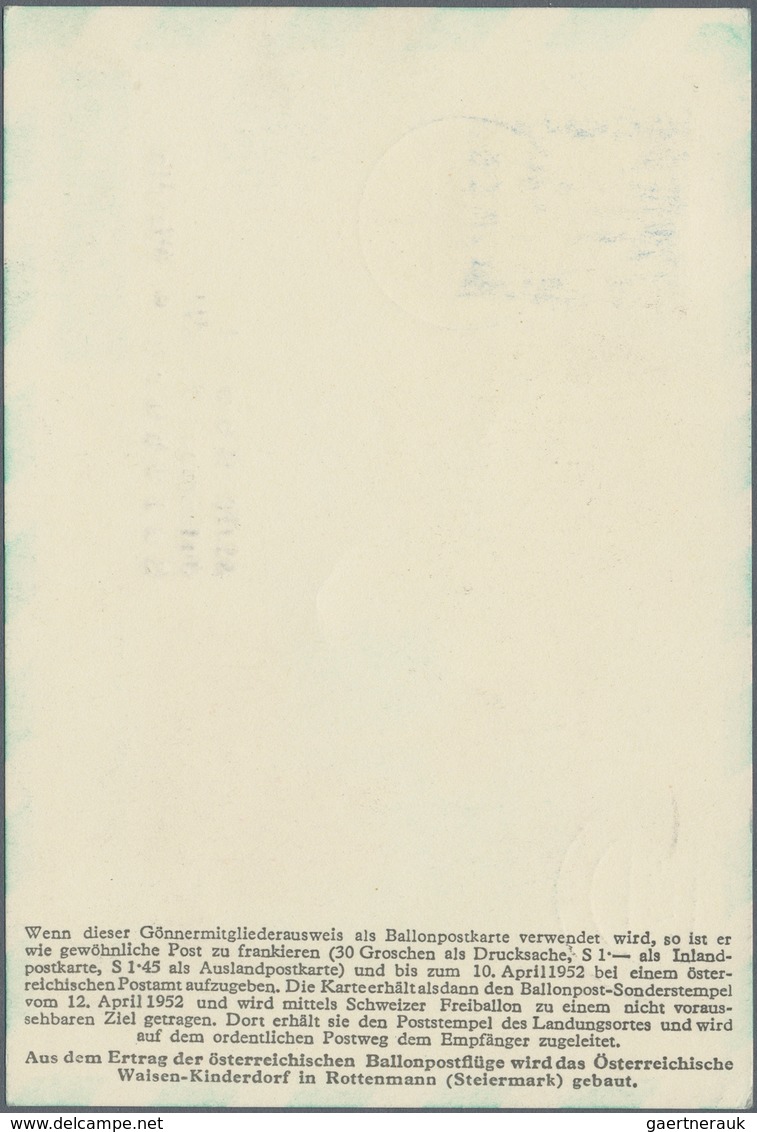 Österreich - Besonderheiten: 1952, BALLONPOST - Zuleitung DEUTSCHLAND (BRD): Pro Juventute Postkarte - Other & Unclassified