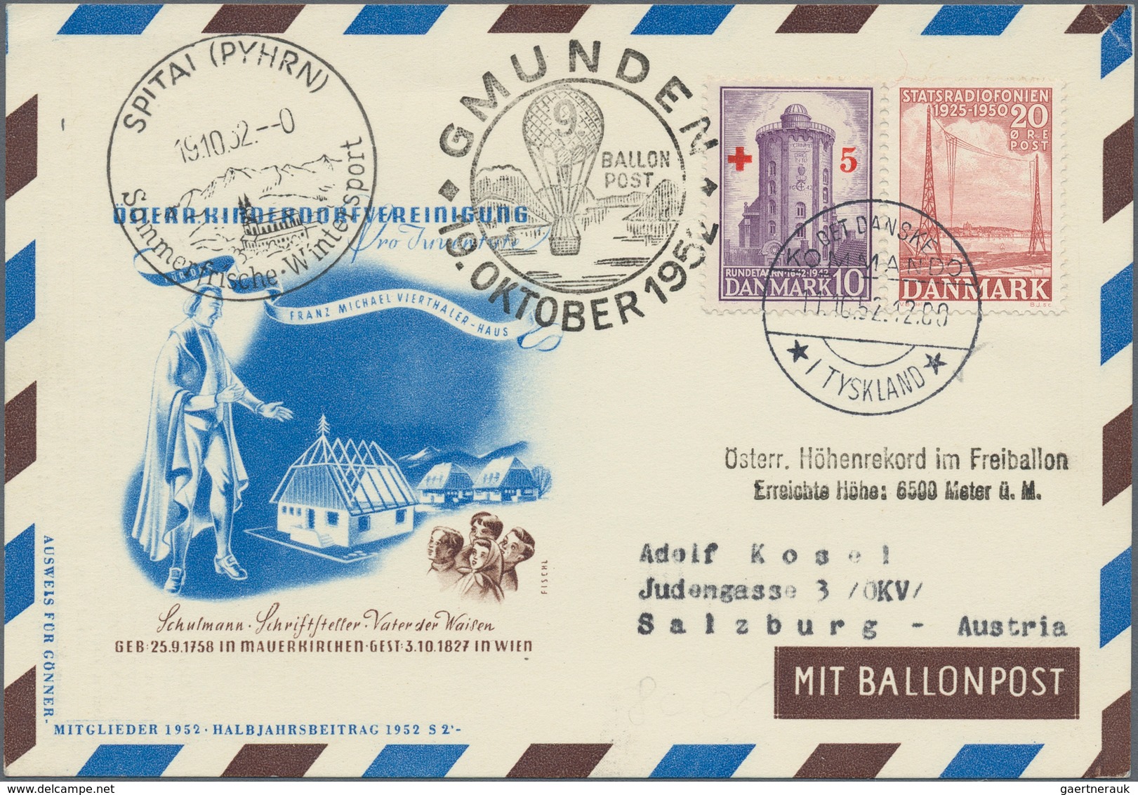 Österreich - Besonderheiten: 1952, BALLONPOST - Zuleitung DÄNEMARK: Pro Juventute Postkarte Als Zule - Sonstige & Ohne Zuordnung
