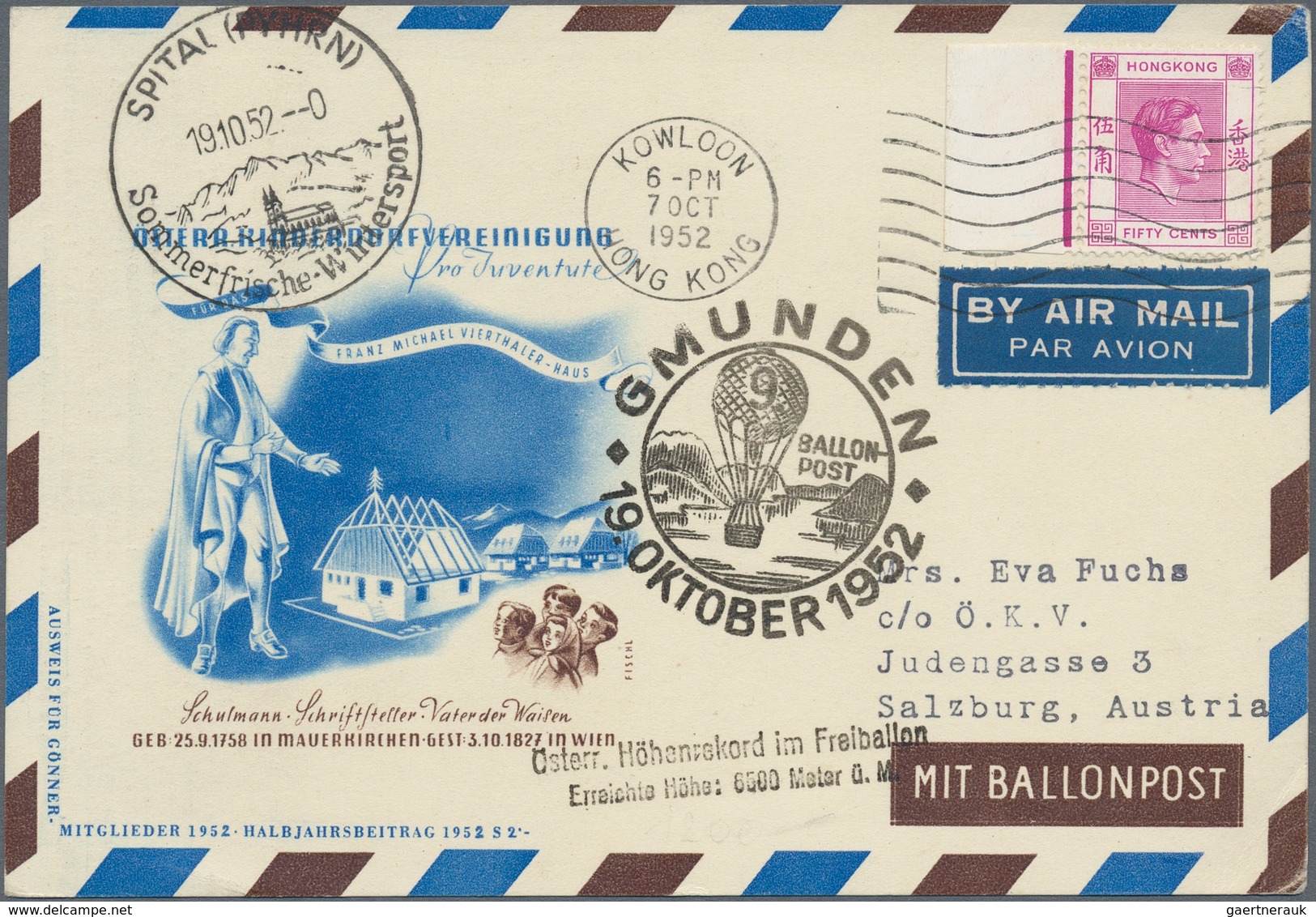 Österreich - Besonderheiten: 1952, BALLONPOST - Zuleitung HONGKONG: Pro Juventute Postkarte Als Zule - Sonstige & Ohne Zuordnung