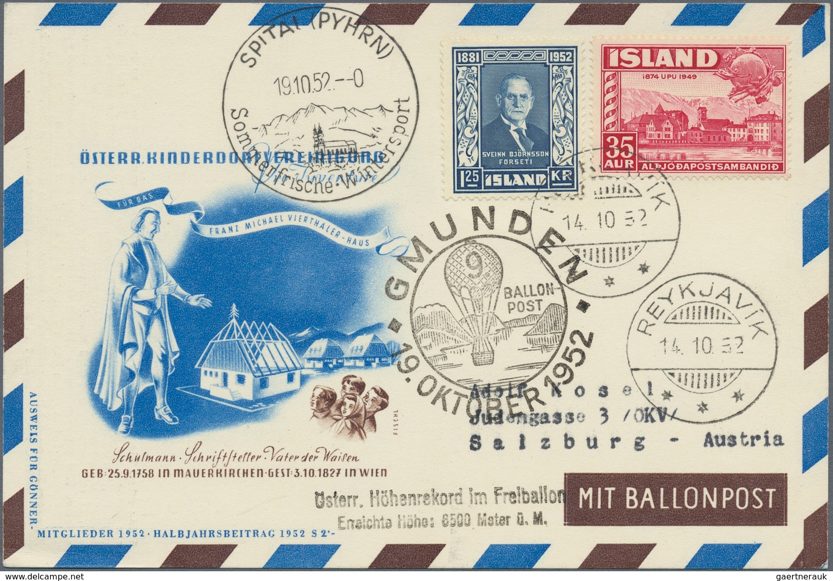 Österreich - Besonderheiten: 1952, BALLONPOST - Zuleitung ISLAND: Pro Juventute Postkarte Als Zuleit - Sonstige & Ohne Zuordnung