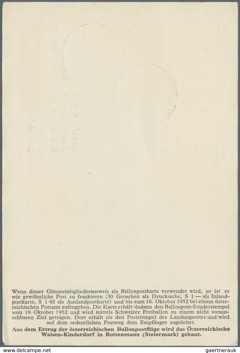 Österreich - Besonderheiten: 1952, BALLONPOST - Zuleitung ISLAND: Pro Juventute Postkarte Als Zuleit - Other & Unclassified