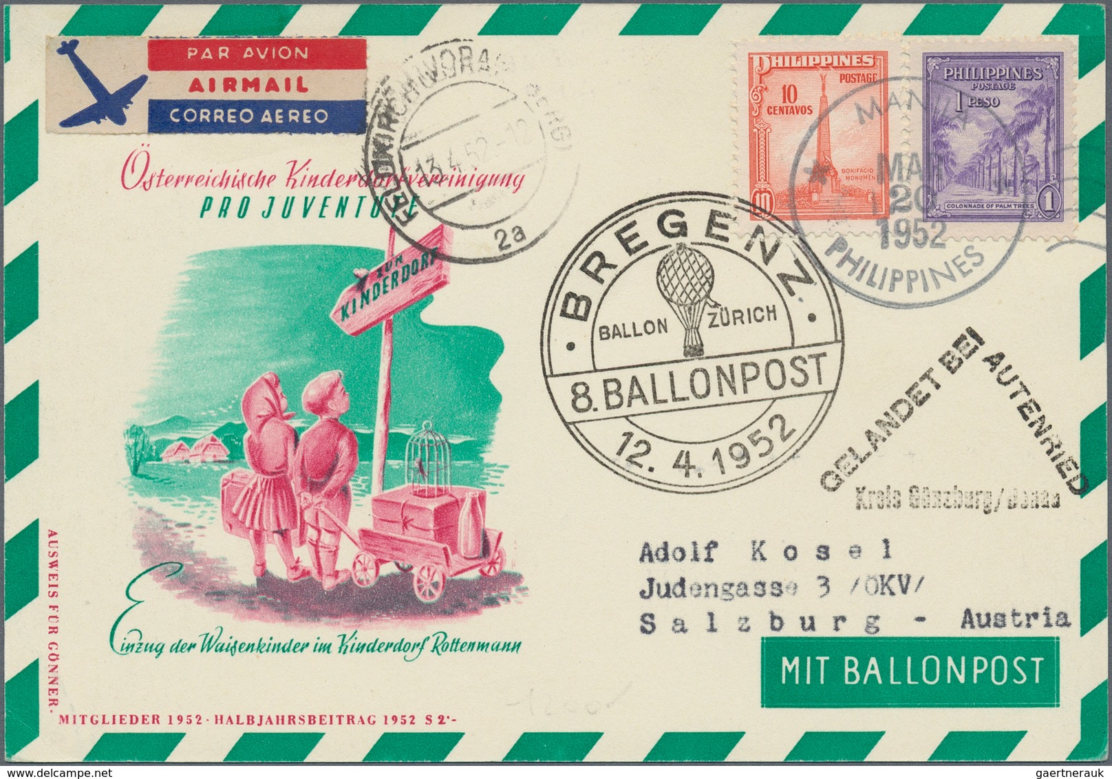 Österreich - Besonderheiten: 1952, BALLONPOST - Zuleitung PHILIPPINEN: Pro Juventute Postkarte Als Z - Sonstige & Ohne Zuordnung