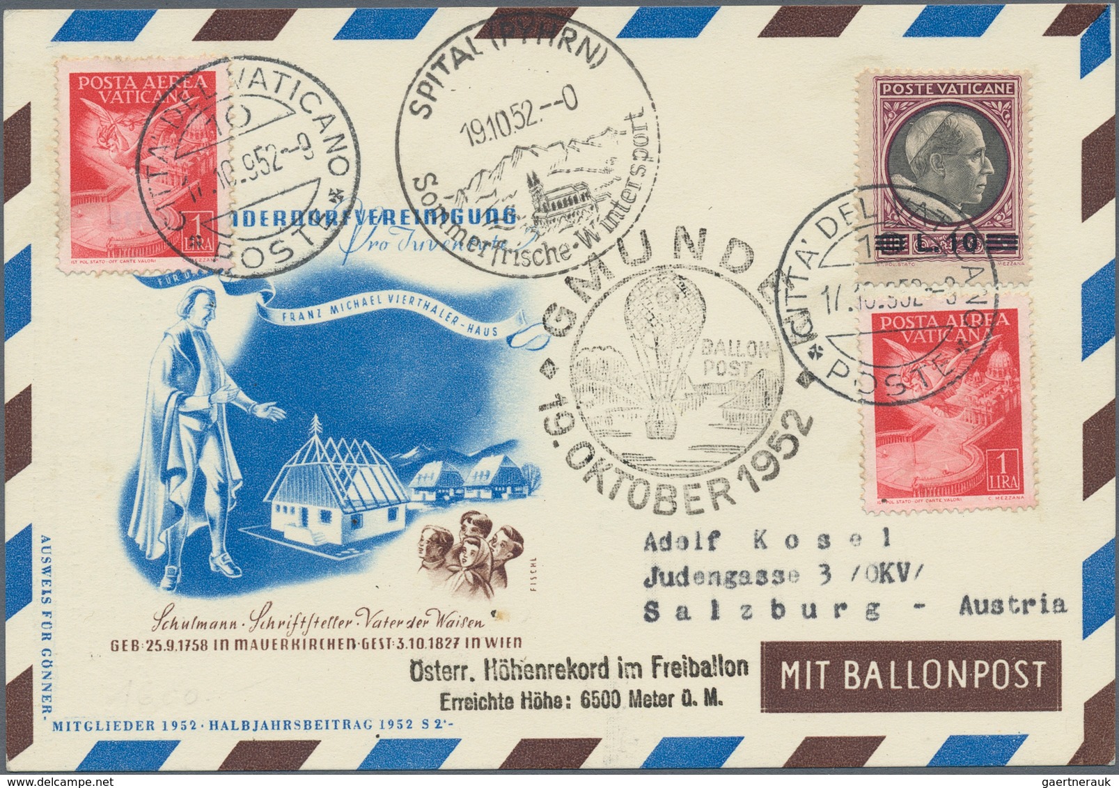 Österreich - Besonderheiten: 1952, BALLONPOST - Zuleitung VATIKAN: Pro Juventute Postkarte Als Zulei - Sonstige & Ohne Zuordnung