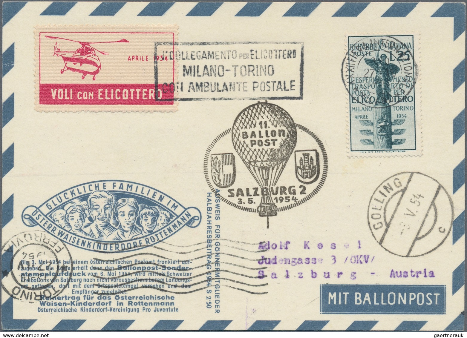 Österreich - Besonderheiten: 1954, BALLONPOST - Zuleitung SCHWEIZ: Pro Juventute Postkarte Mit Hubsc - Sonstige & Ohne Zuordnung