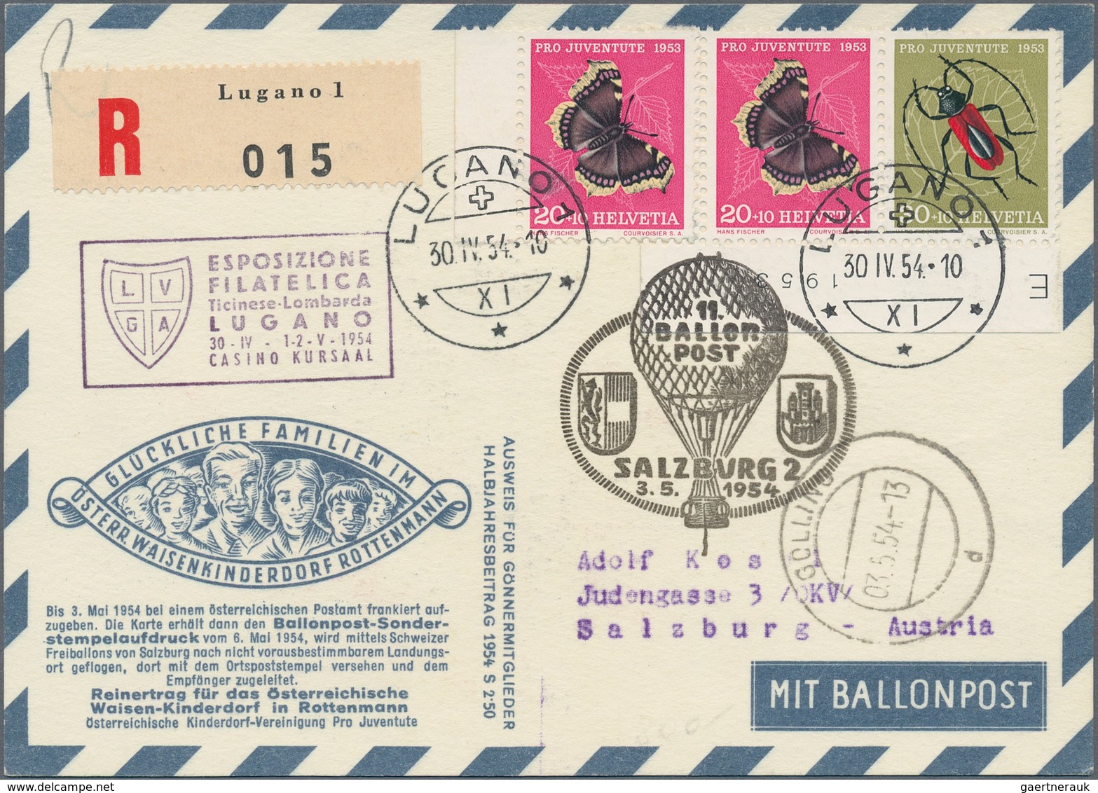 Österreich - Besonderheiten: 1954, BALLONPOST - Zuleitung SCHWEIZ: Pro Juventute Postkarte Als Zulei - Other & Unclassified