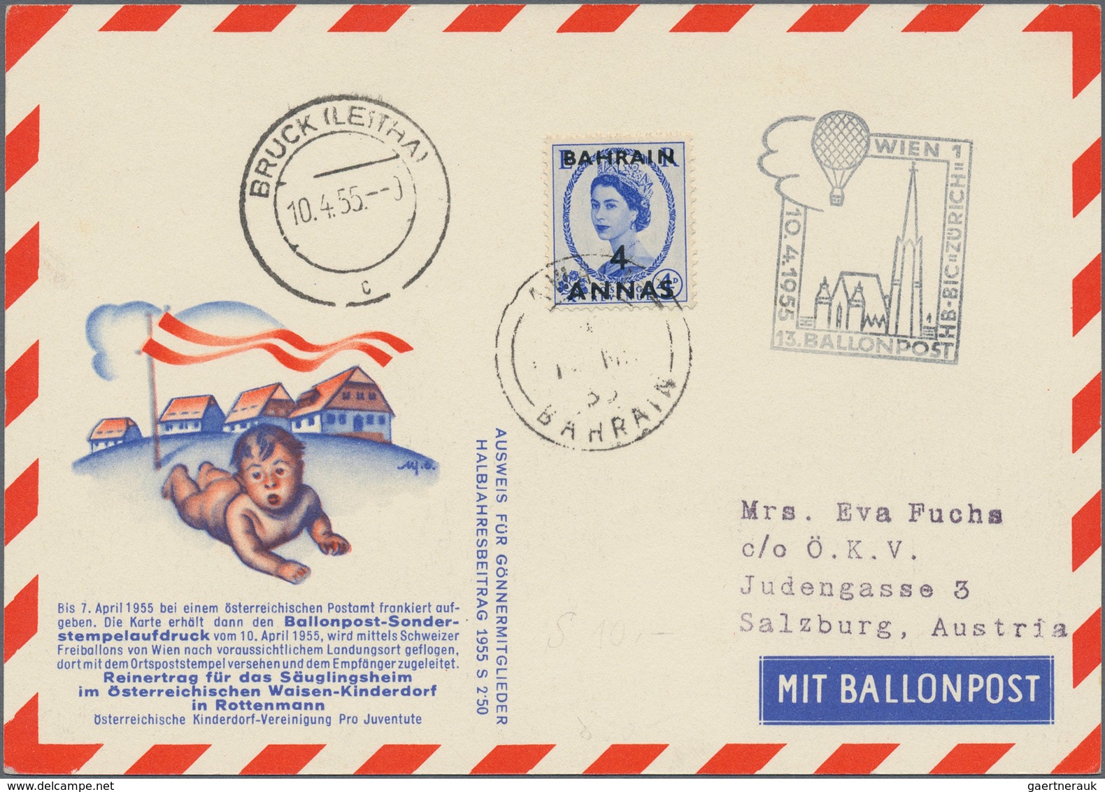 Österreich - Besonderheiten: 1955, BALLONPOST - Zuleitung BAHRAIN: Pro Juventute Postkarte Als Zulei - Sonstige & Ohne Zuordnung