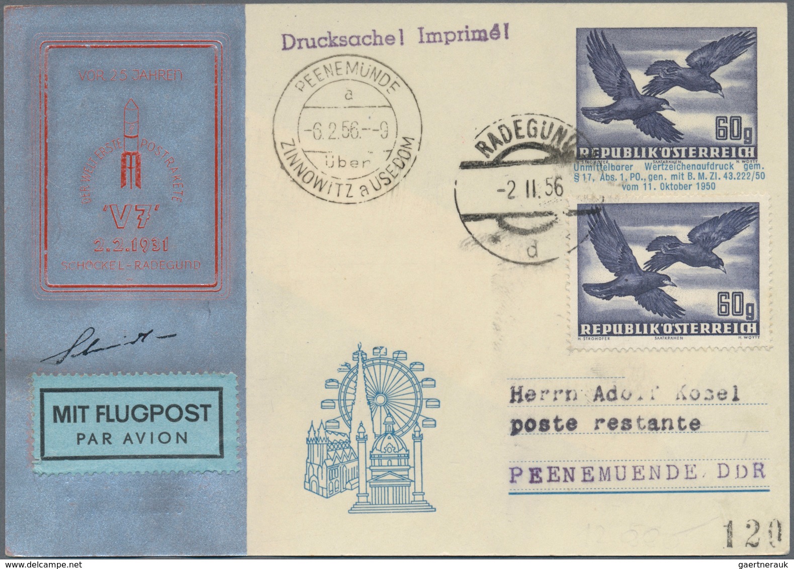 Österreich - Besonderheiten: 1956 (2.2.), RAKETENPOST: Privat-Postkarte Mit Wertstempel Vögel 60 Gr. - Andere & Zonder Classificatie