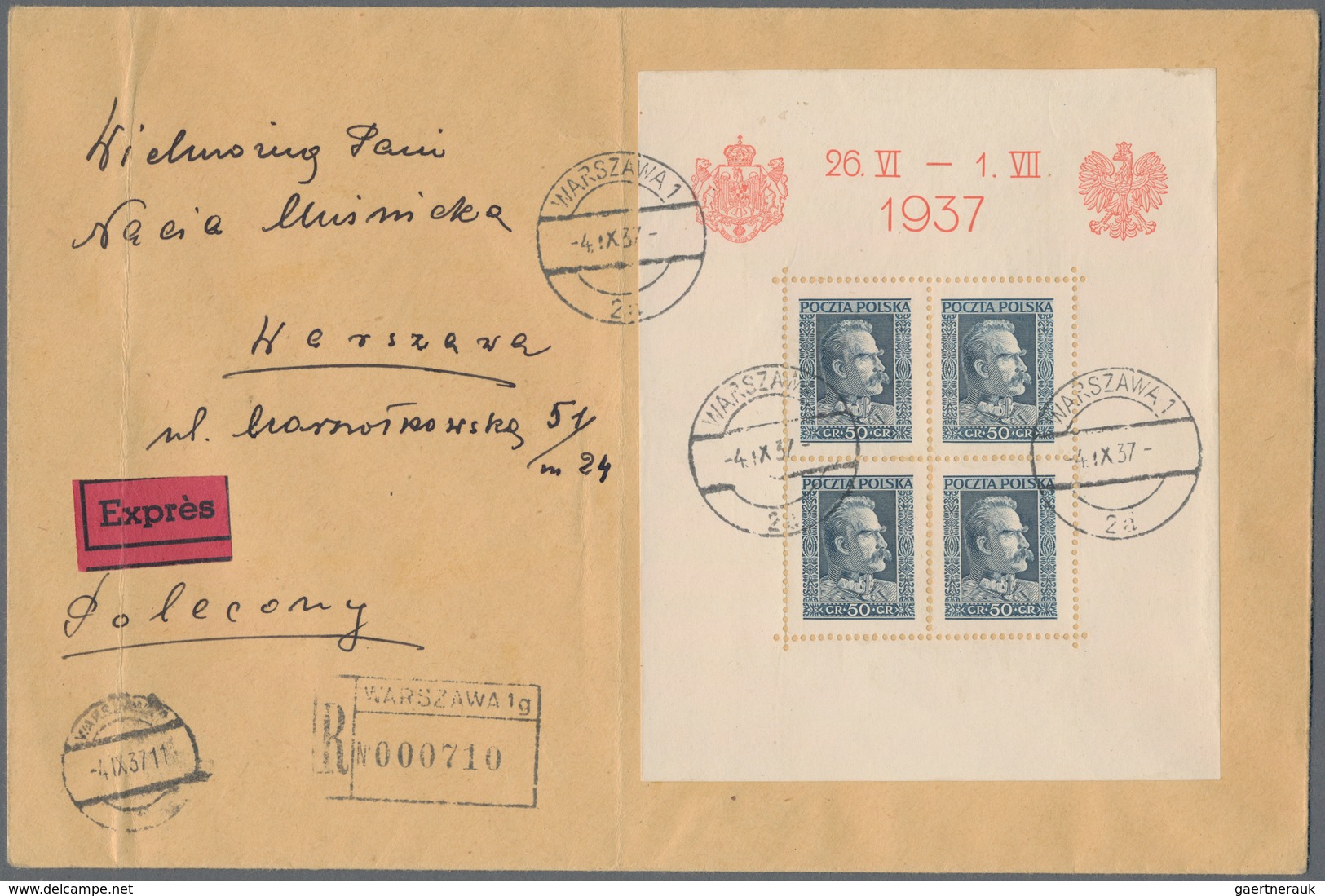 Polen: 1937, 25 Gr Dark Brown, 50 Gr Dark Blue And 1 Zl Black Block Issues On Three Registered-expre - Sonstige & Ohne Zuordnung