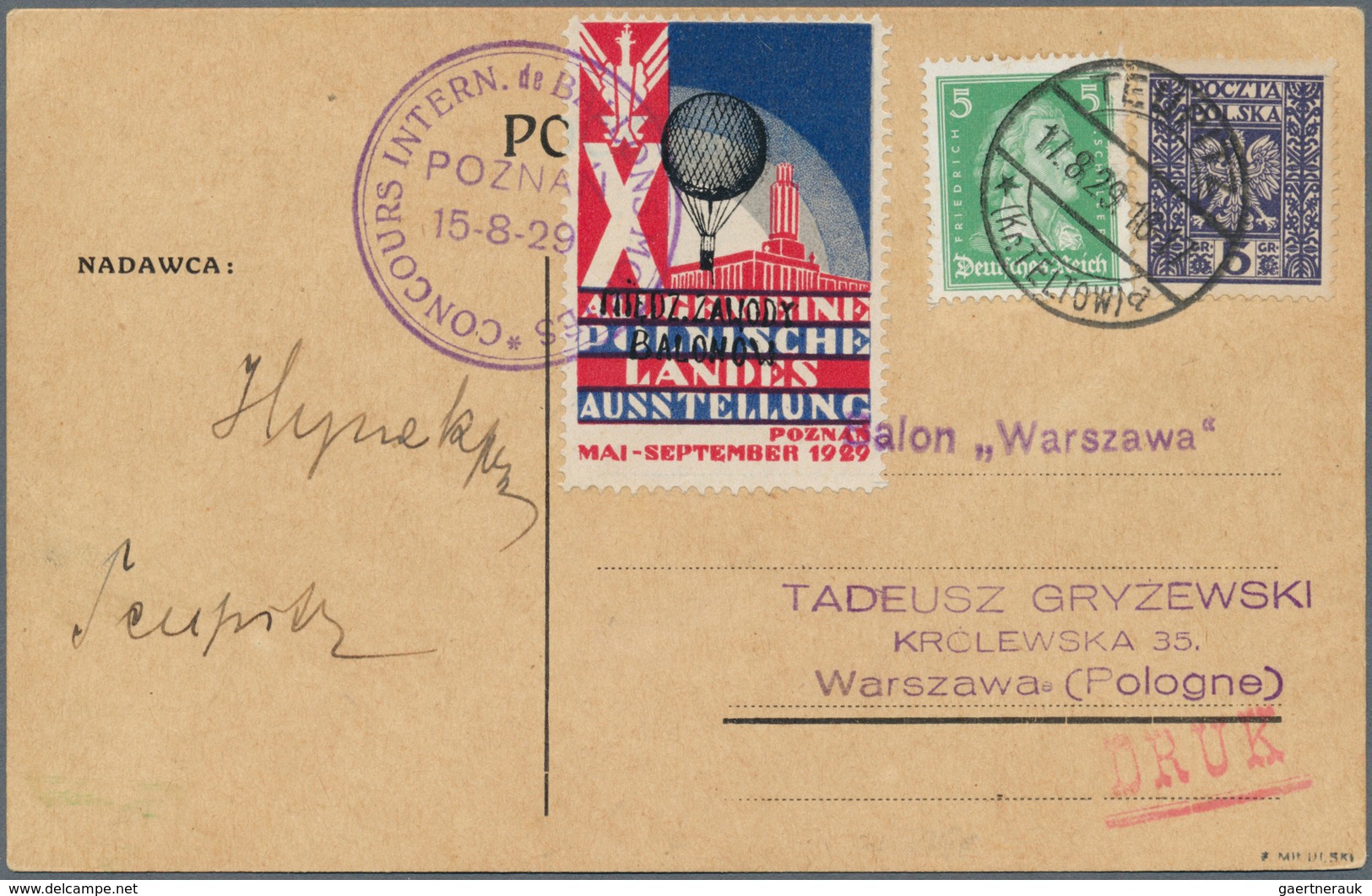 Polen - Besonderheiten: 1929, 15.8.-17.8., Poland-Germany, Balloon "Warszawa", Card With Franking Po - Andere & Zonder Classificatie