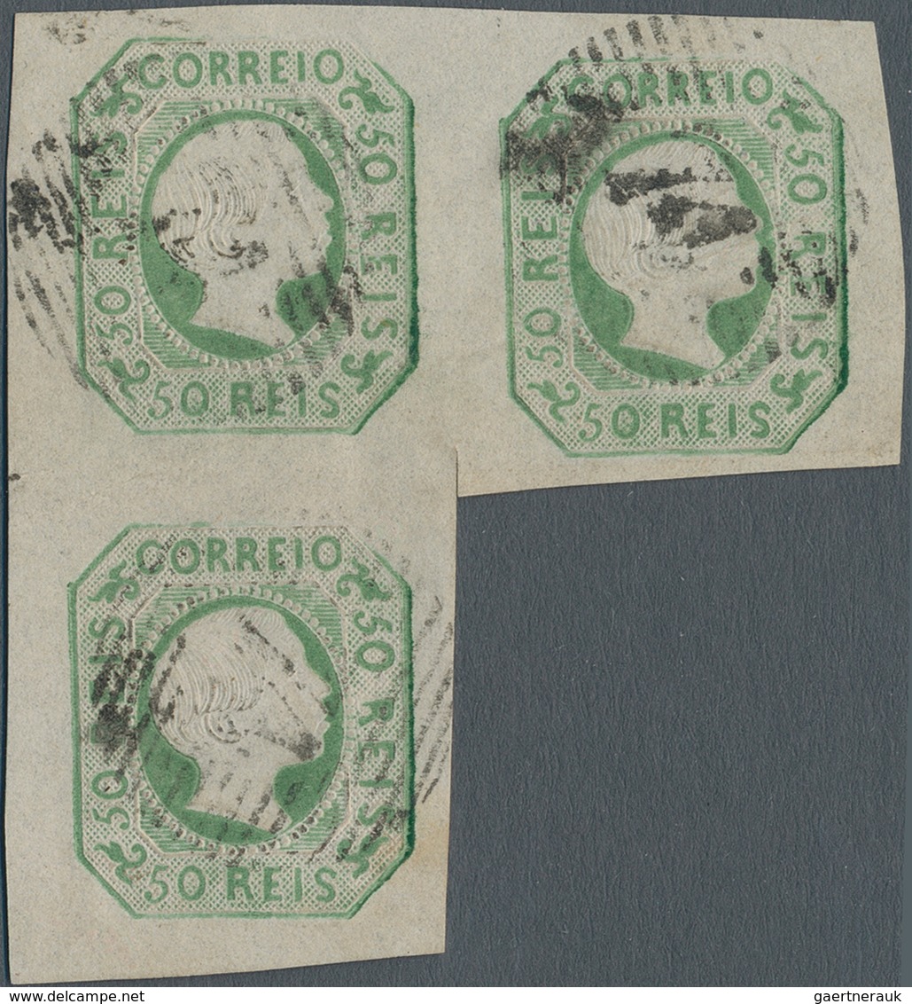 Portugal: 1855, Pedro 50r. Bluish Green, Used Block Of Three, Slight Imperfections. - Used Stamps