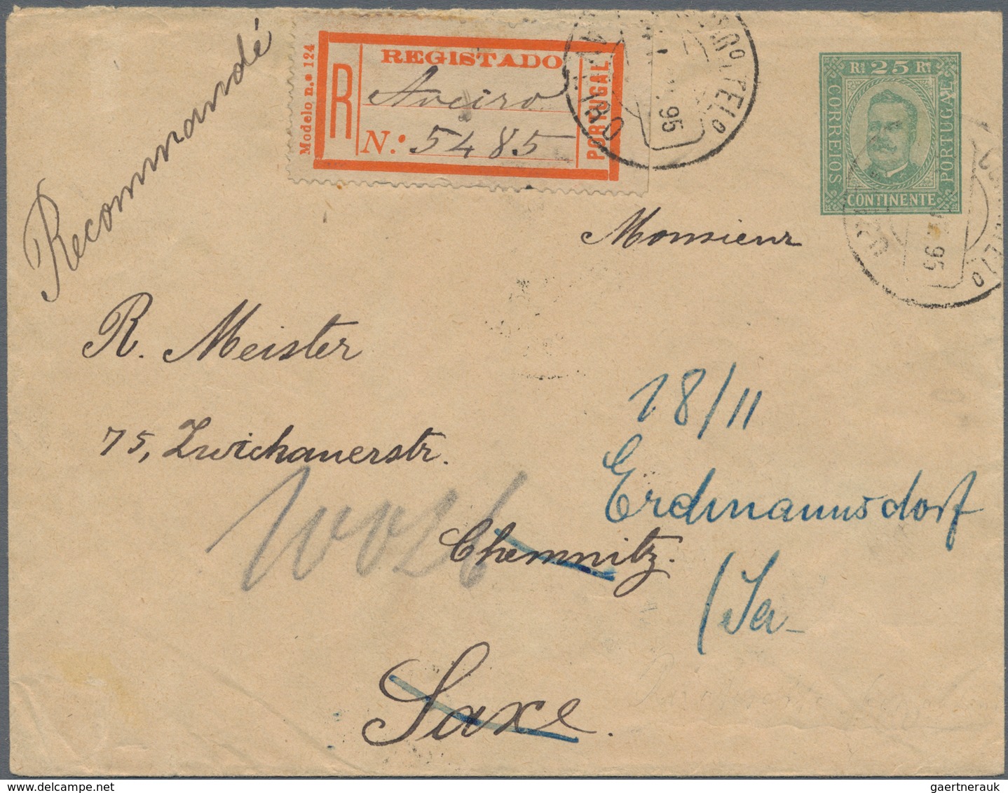 Portugal: 1895, 25 R Green Postal Stationery Registered Letter With Five Stamps Additional Franking - Gebruikt