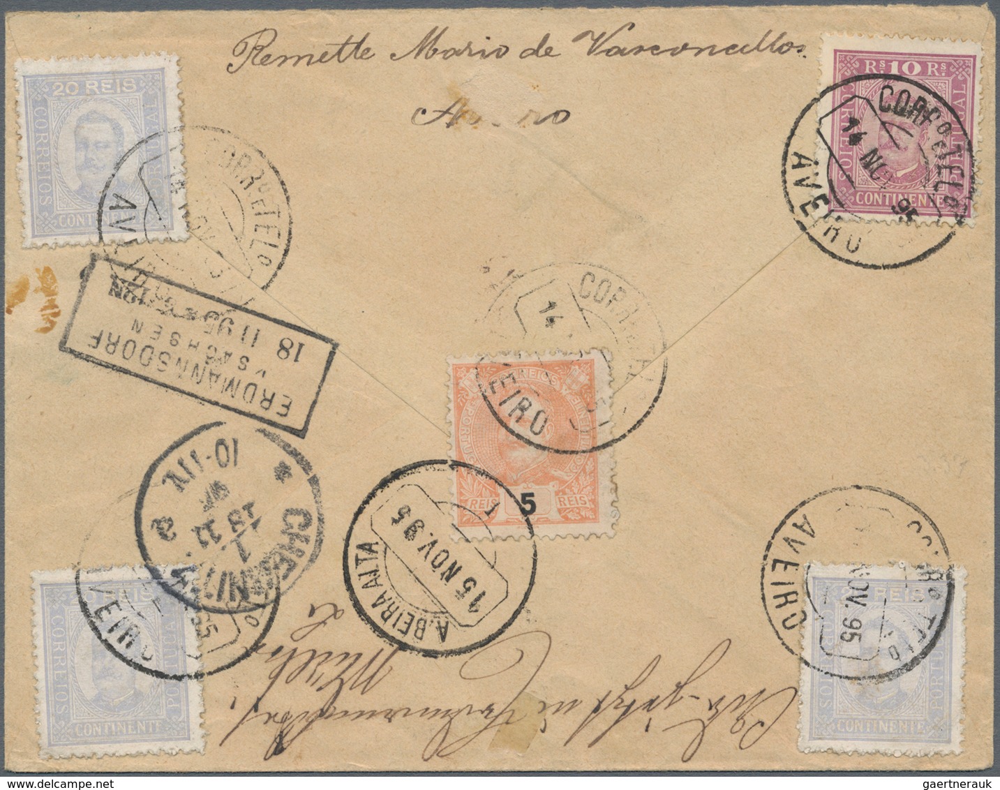 Portugal: 1895, 25 R Green Postal Stationery Registered Letter With Five Stamps Additional Franking - Gebruikt