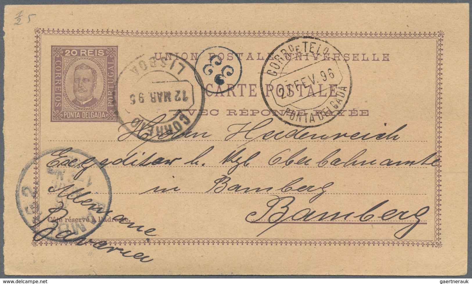 Portugal - Azoren - Ponta Delgada: 1898, Question Part Of A 20+20 R. Double Card Sent From PONTA DEL - Azores