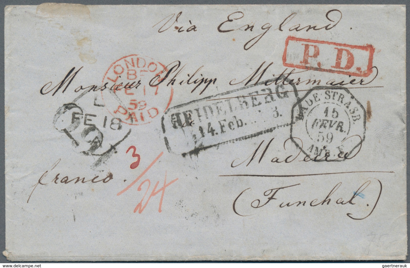 Portugal - Madeira - Funchal: 1859, Small Envelope Incoming From Germany "HEIDELBERG 14. Feb." Via E - Funchal