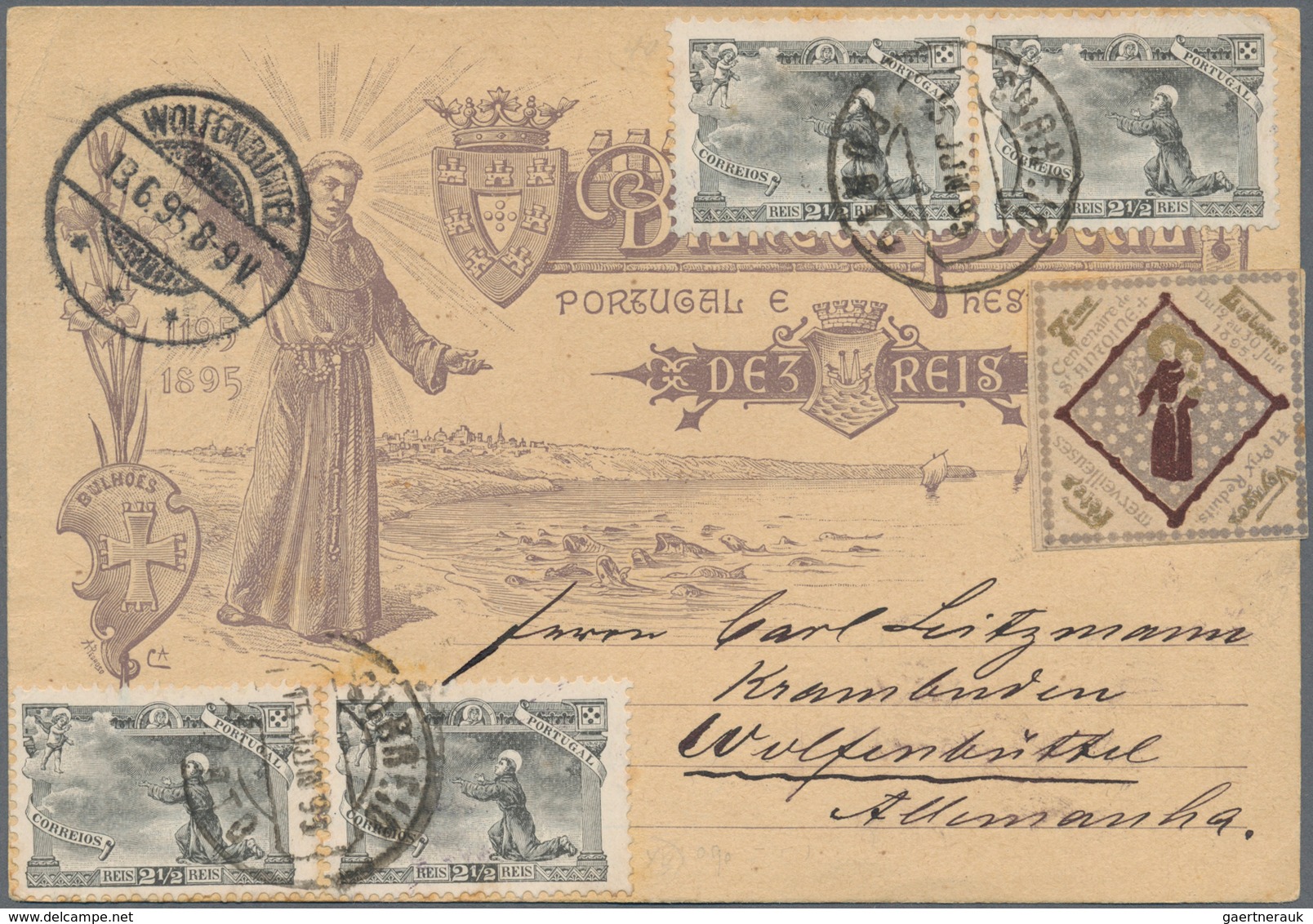 Portugal - Ganzsachen: 1895, 10 R Violet 'St.Antonius' Postal Stationery Card, Uprated With 4 X 2 1/ - Postal Stationery