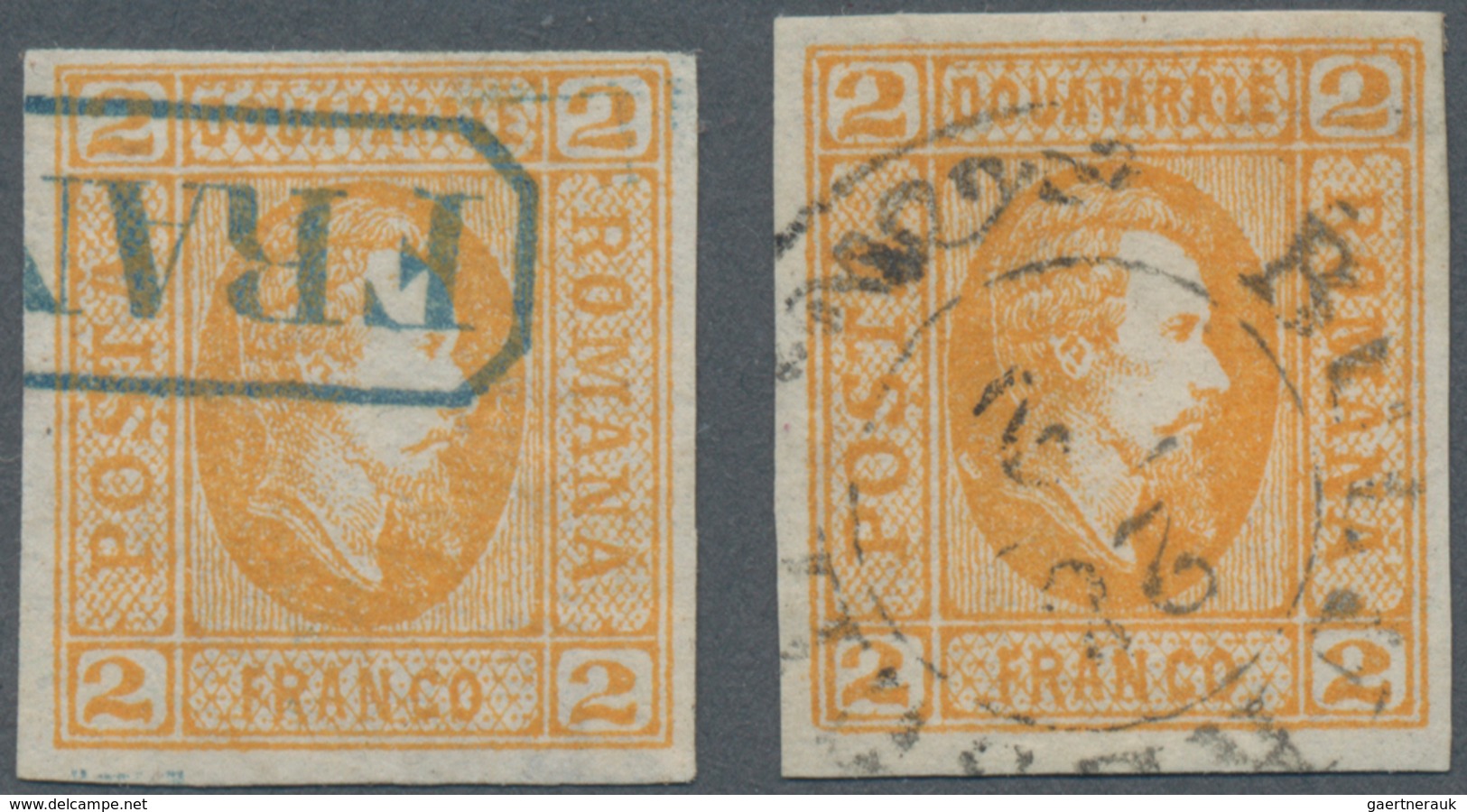 Rumänien: 1865, Cuza 2 Par. Orange, Two 4-margined Stamps On Laid Paper, One With Boxed FRANCO In Bl - Gebraucht