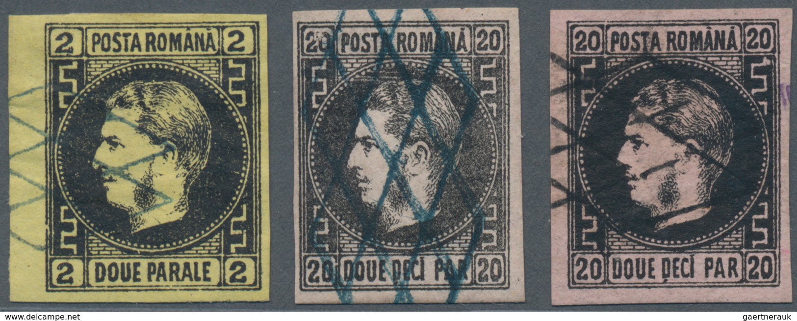 Rumänien: 1866, Carol 2 Par. Black On Yellow, Marginal Item, 20 Par. Black On Rose, One With Variety - Used Stamps