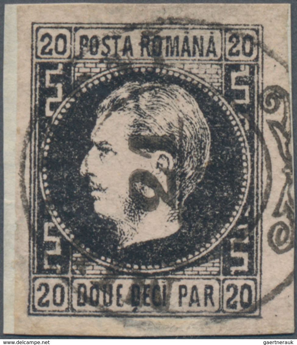Rumänien: 1866, Carol 20 Par. Black On Rose Mit "dot In Greek Border", Huge Margins, On A Small Piec - Gebruikt