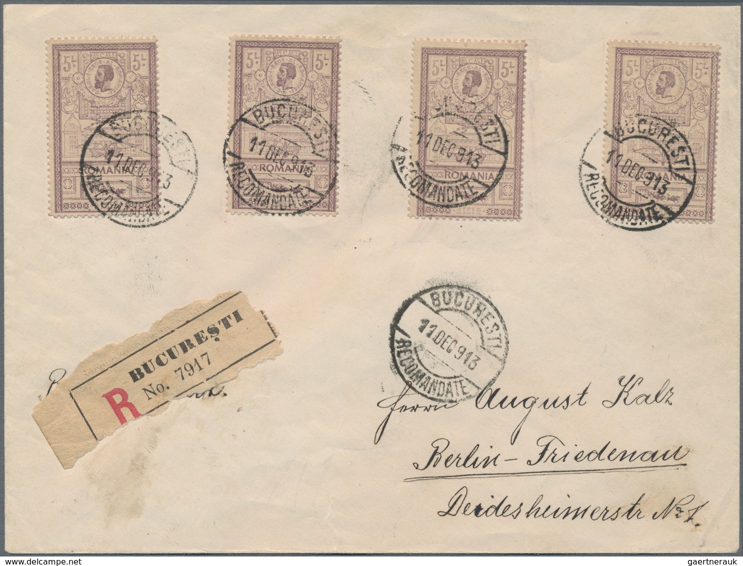 Rumänien: 1903 'New Post Office Bucarest' 5l. Lilac, Four Singles Used On Registered Cover From Buca - Used Stamps