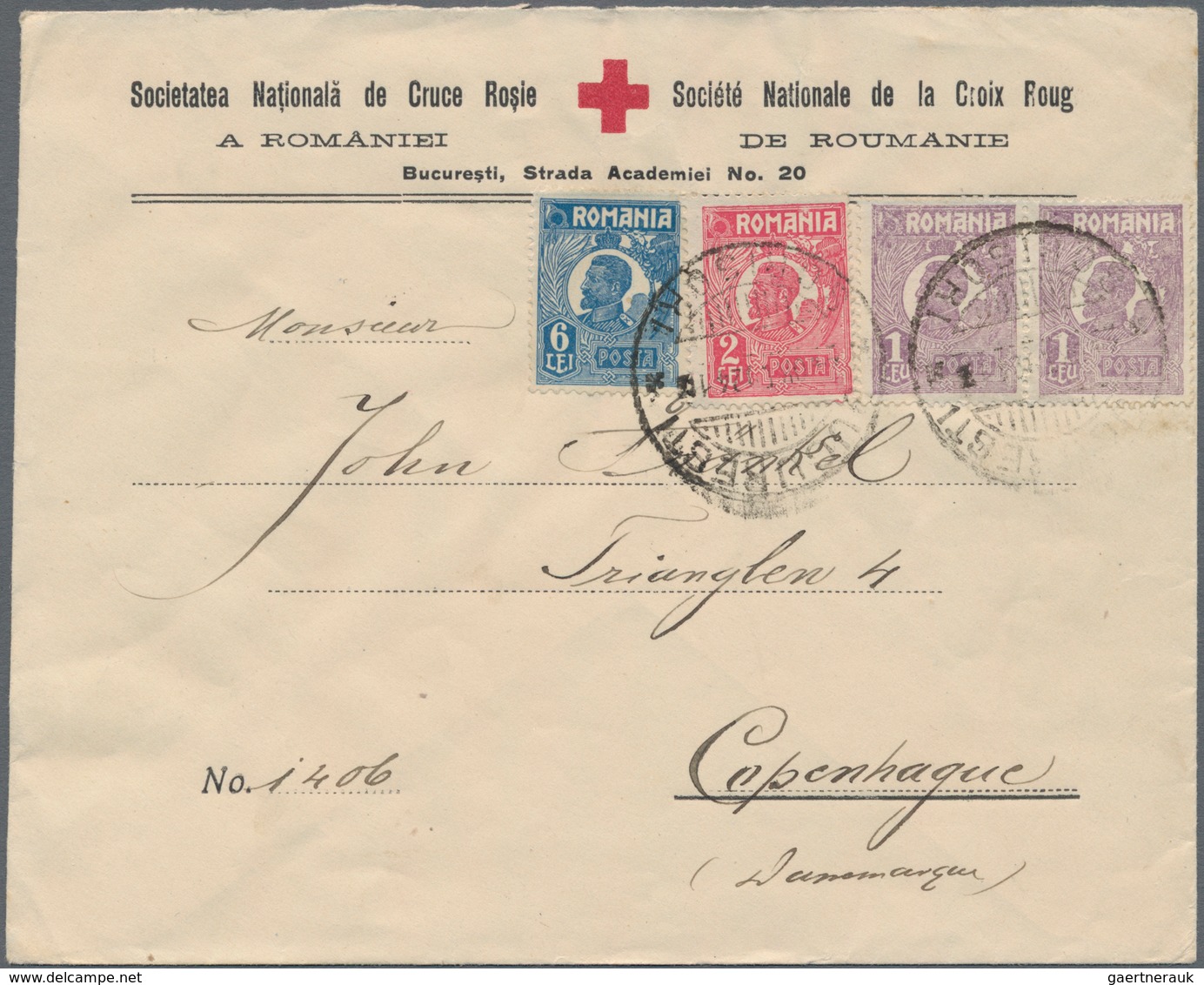 Rumänien: 1920/1927, 1 Leu Violet Pair, 2 Rose And 6 Leu Blue On Cover From The RED CROSS, Bukarest - Gebraucht