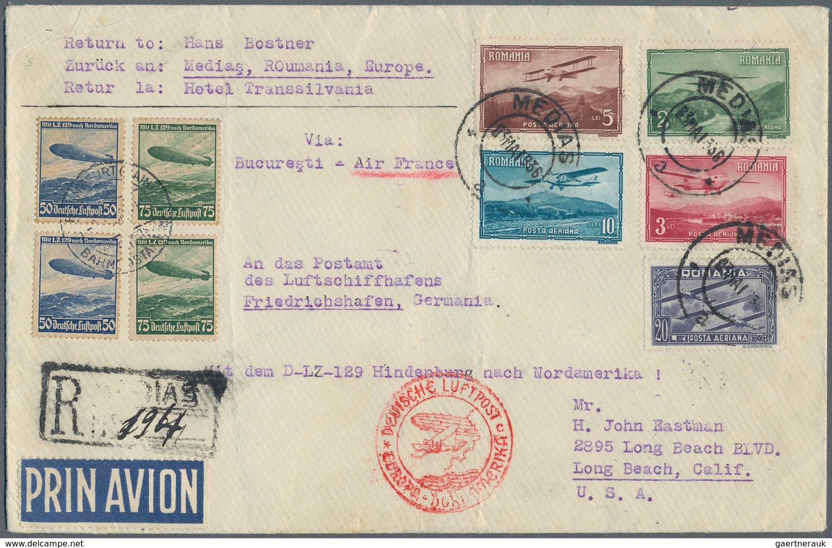 Rumänien: 1936, 1, Nordamerikafahrt 1936, Brief Ab Medias 3.5. Mit Flugpost 1930 Komplett. Transit - Usati