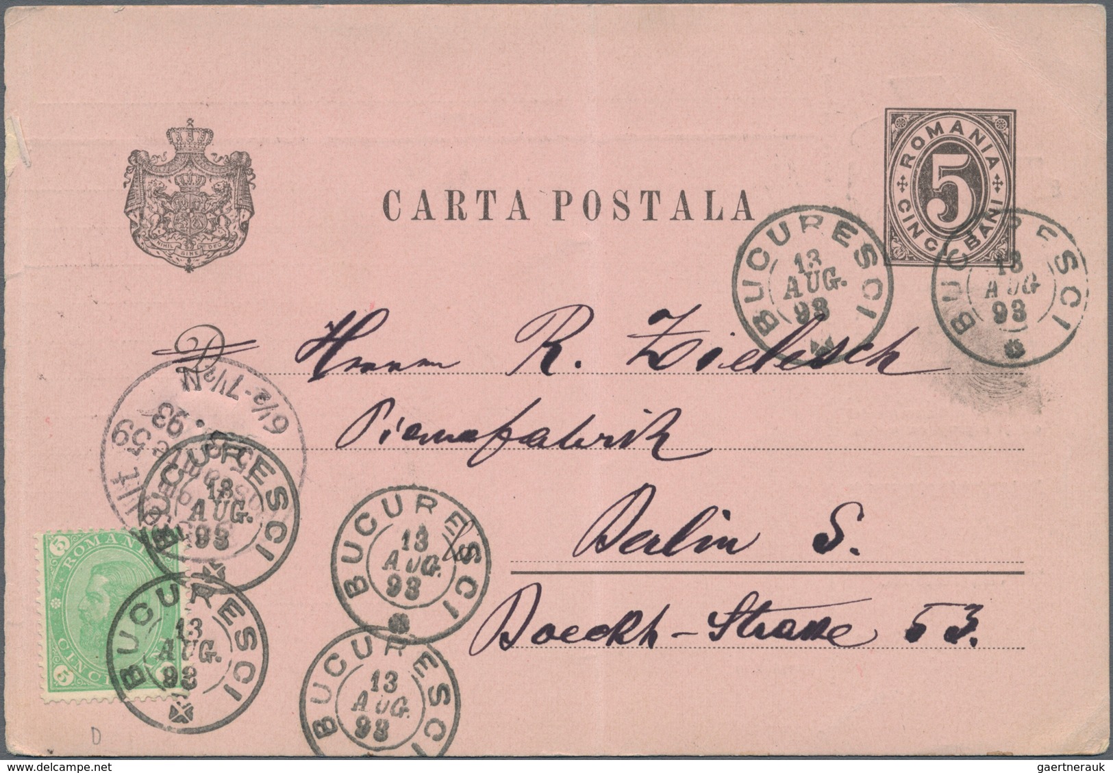Rumänien - Ganzsachen: 1890, 5 B Black Postal Stationery Postcard With Additional Franking 5 B Green - Ganzsachen