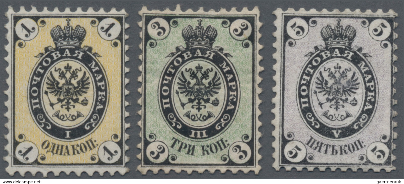 Russland: 1864 Set Of Three, Perf 12¼x12½, No Watermark, Mint With 1k. And 3k. Lightly Hinged, 5k. N - Gebruikt