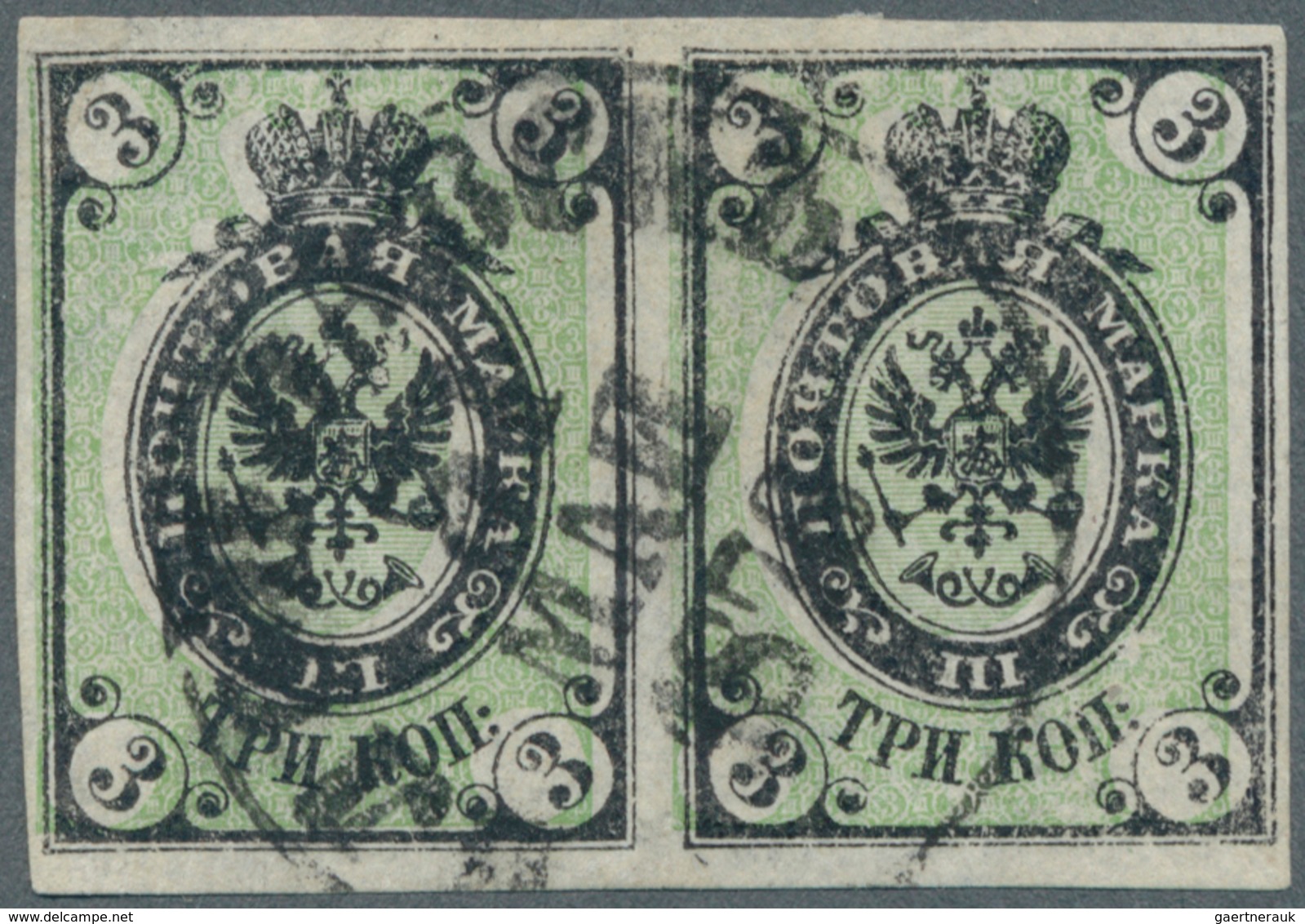 Russland: 1866, The Fantastic And UNIQUE 3 K. IMPERFORATED PAIR, On Horiz. Laid Paper, Used In Wlocl - Gebruikt