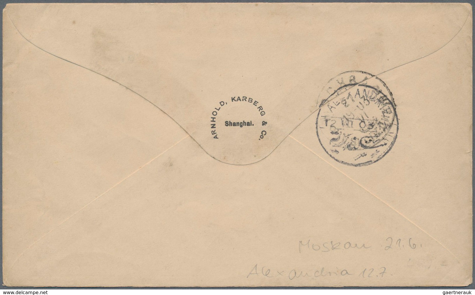 Russische Post In China: 1903, 10 K. Tied "XANHAI 12/24 VI 03" To Cover "Via Siberia." To Alexandria - Chine