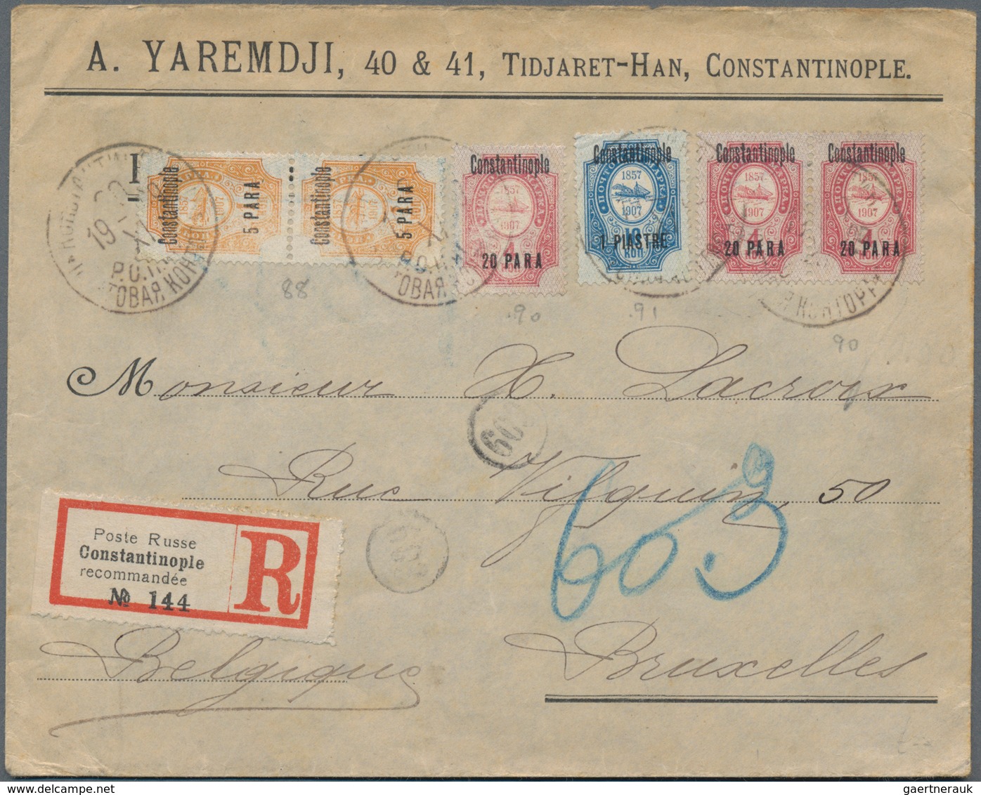 Russische Post In Der Levante - Staatspost: 1909, 5 Para Orange Pair, 20 Para Karmin And 1 Pia. On R - Levant