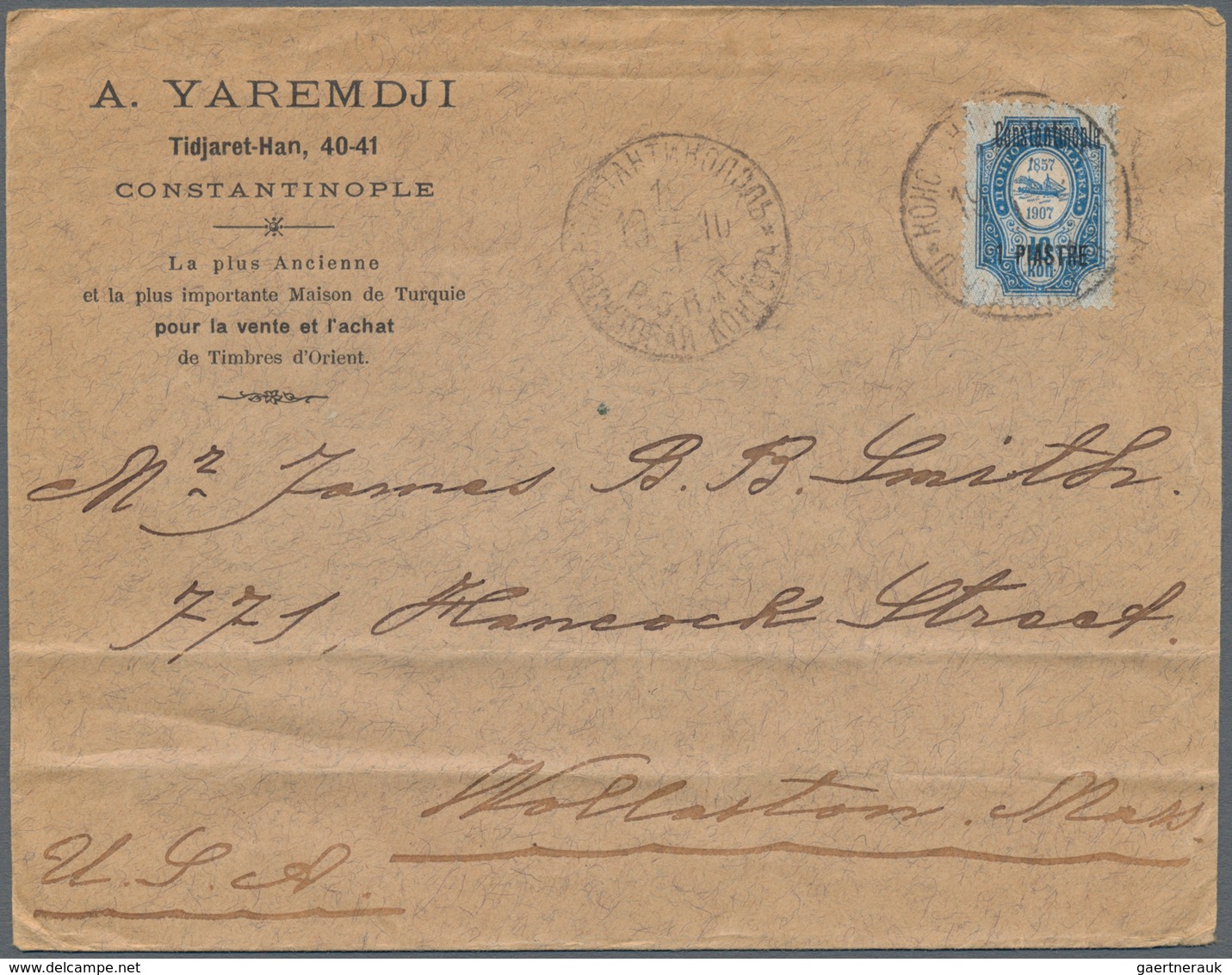 Russische Post In Der Levante - Staatspost: 1910 Commercial Letter From Constantinople To USA With G - Levant